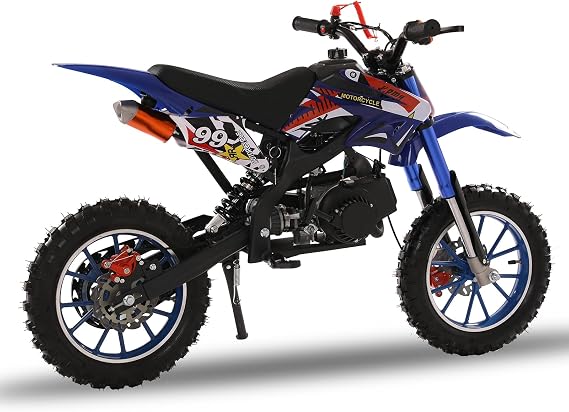 50cc Kids Dirt Bike,2-Stroke Mini Bike Gas Powered Off Road Trail Bike Max Load 330 Lbs,Gas Power Mini Pocket Motorcycle with Front Rear Disc Brakes,Mini Dirt Bike for Kids 8-14 Blue