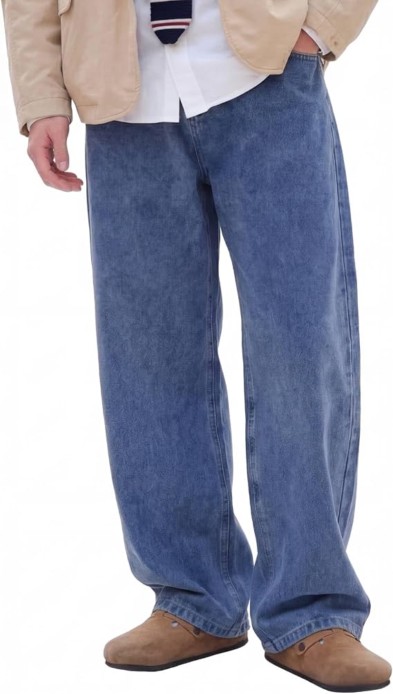 Men's Jeans, Wide Denim Pants, Loose Wash Distressed Jeans