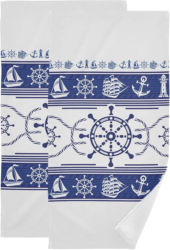 Nautical Sailboat Anchor Wheel Lighthouse Hand Towels Set of 2 Blue Highly Absorbent Soft Bathroom Decor Hair Towel Gym Towels Bathroom Accessories Set for Bathroom Hotel Gym and Spa 28x14.5 Inch
