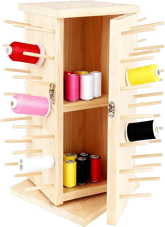 Mkienhy 93-Position Rotating Wooden Thread Organizer, 360 Spinning Rack with Locking Compartments for Sewing & Craft Supplies