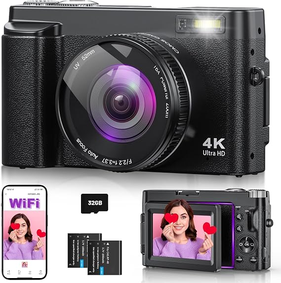 4K 64MP Digitalkamera mit WLAN und Autofokus 3 180° Klappbildschirm Kompaktkamera mit 32GB Karte Ladestation und 2 AkkusFotokamera ideal für Anfänger