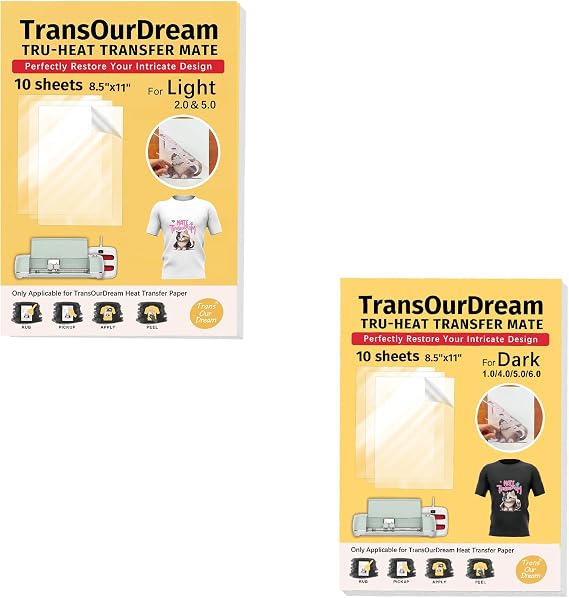 TransOurDream Tru-Heat Transfer Mate for Dark and Light Transfer Paper (8.5x11 inch,10 + 10 Sheets) Clear Iron on Transfer Paper Tape for Printable HTV Vinyl