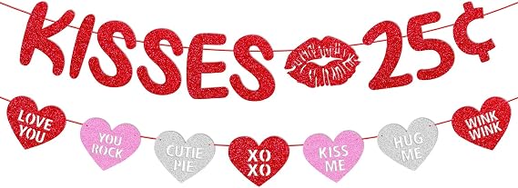 Kisses 25 Cent Banner Glitter Red Pink Heart Garland Happy Valentines Day Party Decoration Funny Valentine Decor Baby Boy Girl Valentines Day Party Supplies