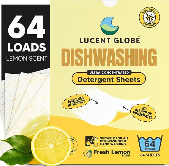 Lucent Globe Dishwasher Dishwashing Detergent Sheets, Dish Soap & Dishwasher Tablets Alternative. Plant-Based, Eco-Friendly, Fully Biodegradable, Lemon Scent (1 Pack of 64 Washes)