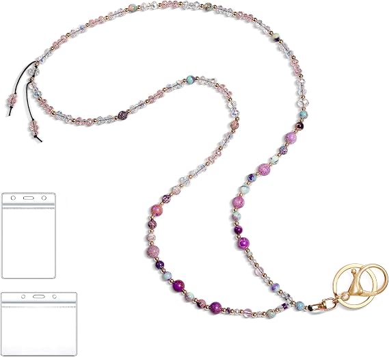 BettDecor ID Badge Holder with Key Lanyard, Natural Stone Beaded Lanyard for Teachers (Purple)