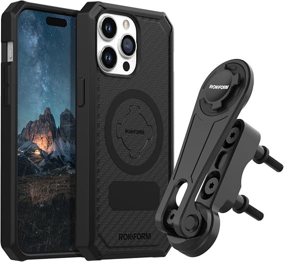 Rokform - iPhone 15 Pro Max Rugged Case + Motorcycle Perch Phone Mount (Black)