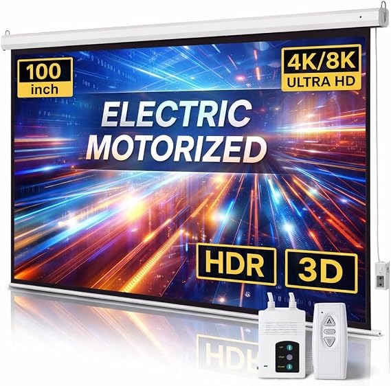 Motorized Projector Screen with Remote Control, 100 Inch 4:3 Auto-Locking Portable Projection Screen, Manual Projector Screen Pull Down for Home Theater Office Classroom TV Usage (80" W x 60" H)