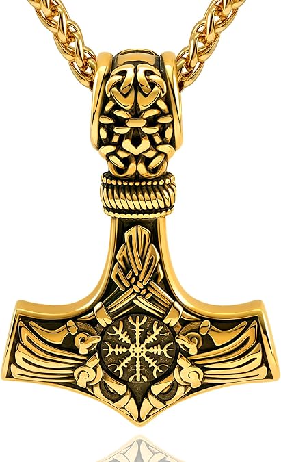 Thor Hammer Necklace for Men, 18K Gold/Black Stainless Steel Hammer Mjolnir Pendant Powerful Amulet Noridc Jewelry Gift for Viking Lover-Send Gift Box