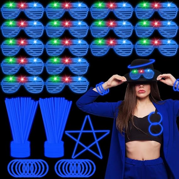 115 PCS Glow in the Dark Party Supplies,100PCS Blue Glow Sticks With Connectors Bulk,15PCS July 4th LED Glasses,LED Light Up Toy for Valentine's Day July 4th Wedding Gender Reveal Birthday
