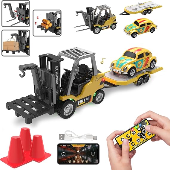 1/64 RC Forklift Toy,Toys for 6 7 8 9 Year Old Kids Boys,2 in 1 Transformable Lift Fork & Hook with Lights & Sounds,Remote Control Car with Trailer,RC Construction Toys Kids Gifts