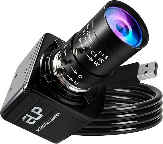 ELP Global Shutter USB Camera, Manual Zoom Telephoto UVC USB2.0 High Speed 1080P 90fps Lightburn Cameras for Laser, Variable Focus AR0234 Close-up Webcam for Computer