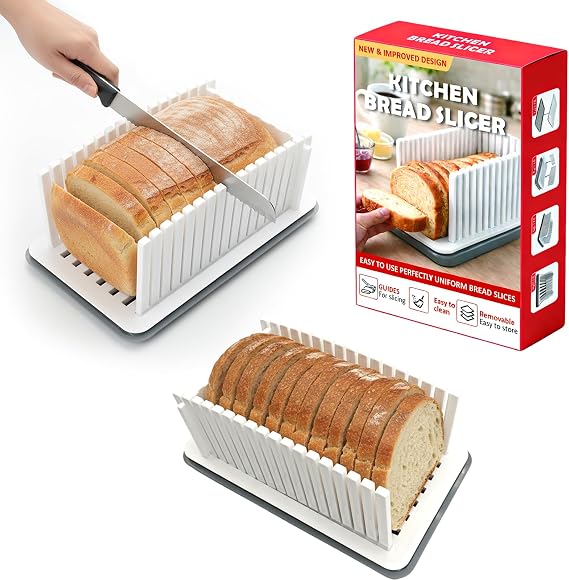 New Upgrade Bread Slicer for Homemade Bread, Bread Slicing Guide Adjustable Width, Foldable and Compact Cutting Guide with Crumb Tray, Suitability for Homemade Bread, Bagels, Cakes