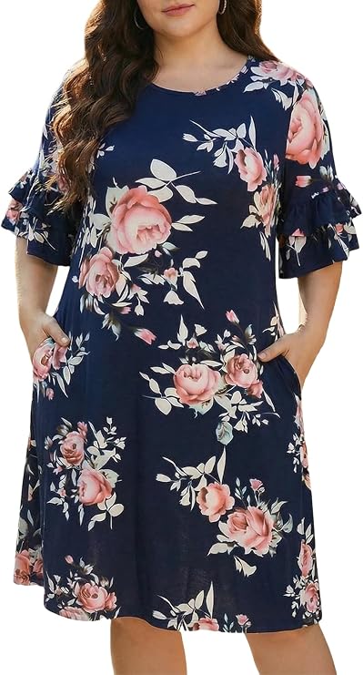 Nemidor Women Plus Size Summer T-Shirt Dress Casual Pocket | Ruffle sleeve, mini, swing, a-line, loose dress, stretch knit, size 1426 plus, wedding guest, beach, party, work, vacation