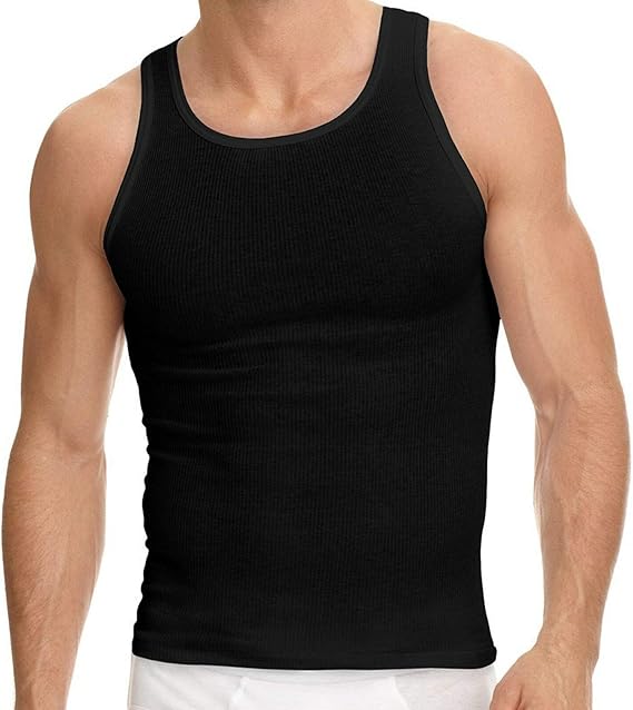 Mens 100% Cotton Tank Top A-Shirt Wife Beater Undershirt Ribbed Black 6 Pack (Black, Small)