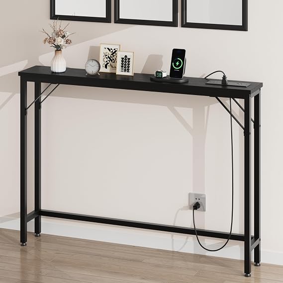 CABIHOME 5.9" Narrow Console Table with Outlets, Skinny Behind Couch Table for Living Room, Slim Sofa Table with Metal & MDF, Industrial Hallway Table for Entryway, Foyer-Black