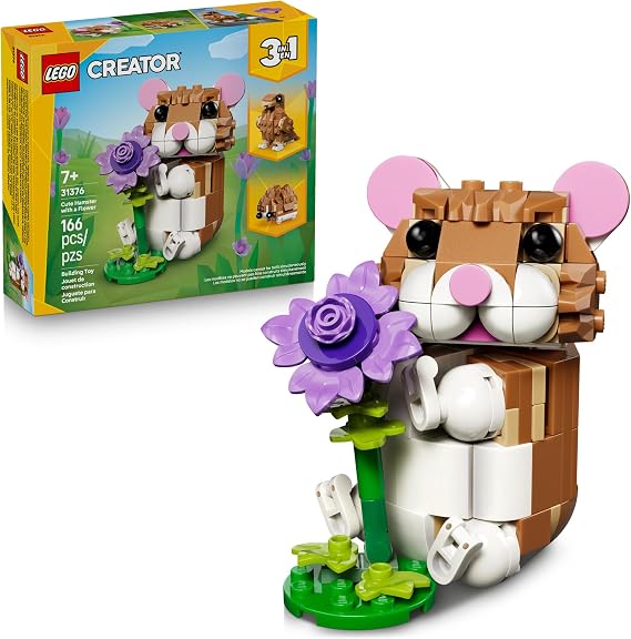 LEGO Creator 3 in 1 Cute Hamster with a Flower Building Toy for Girls & Boys, Ages 7+ Kids Build a Hamster, Hedgehog or Eagle Animal Figure - Gift Idea for Birthdays - 31376