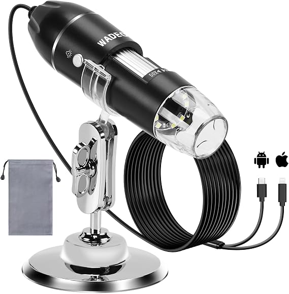 WADEO Handheld Digital Microscope, [1440P HD Camera] [1600X] 8 LED Light Portable Pocket Microscope with Stand, Compatible with iOS, Android, Smartphone, Tablet