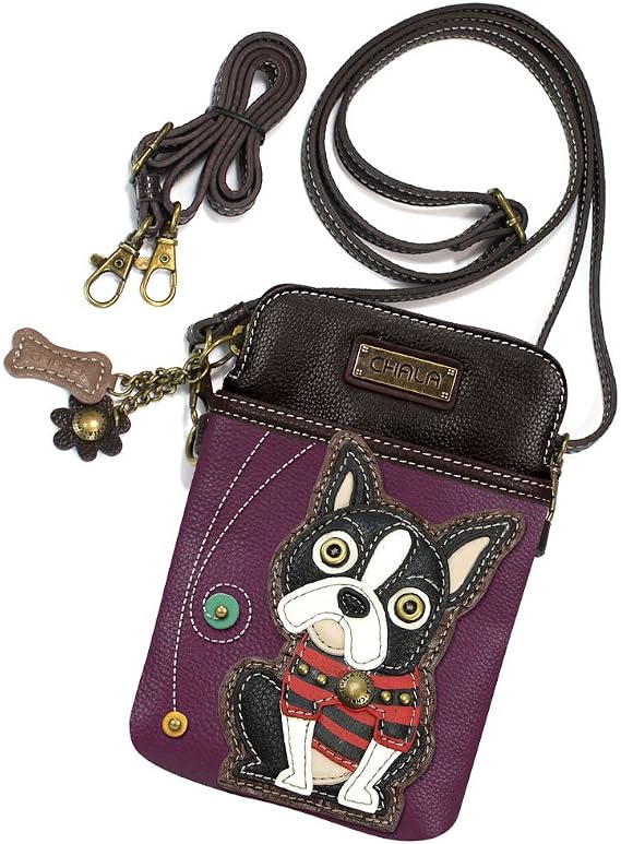 Boston Terrier 3 in 1- Wallet/Crossbody Purse/Wristlet with Bone Zipper Pull (Purple Boston) Small