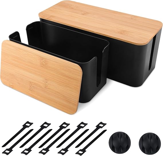 Set of 2 Cable Management Box Organiser with Bamboo Lid Dustproof