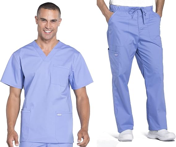 Cherokee Scrub Set for Men V-Neck Scrub Top & Cargo Pant Ciel Blue L