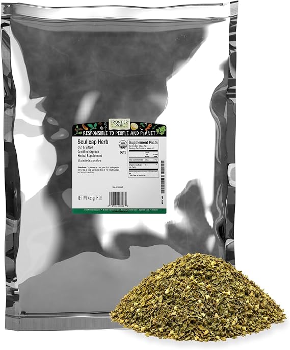 Frontier Co-op Organic Scullcap Herb Cut & Sifted Certified Organic Herbal Supplement 1lb - Skullcap Herb for Tincture, Tea, Supplement