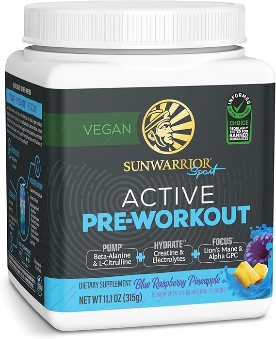 Sunwarrior Pre Workout Powder Energy Drink Vegan Plant-Based Supplement Pump, Hydrate, Focus, Endurance, Strength Builder Blue Raspberry Pineapple Flavored 30 Servings Active Preworkout