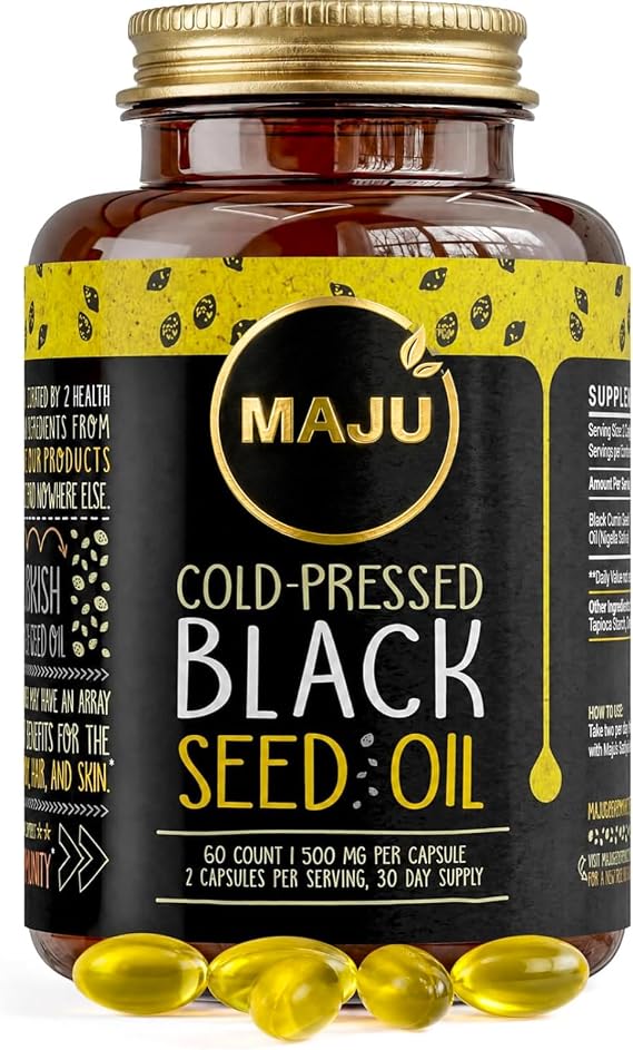 Maju Superfoods Black Seed Oil Capsules - Cold Pressed, 3X Thymoquinone, 100% Turkish Black Cumin Nigella Sativa Seed Oil, Liquid Pure Blackseed 60 Count, 500mg per Capsule