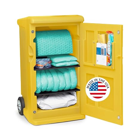 DENIOS Spill Kit Caddy | Chemical | Absorbs 100 Gal | Lockable | Yellow w/Warning Sign | for Chemical, Oil, Acid Spills | 23.2x24.2x42.9 in | OSHA & SPCC Compliant