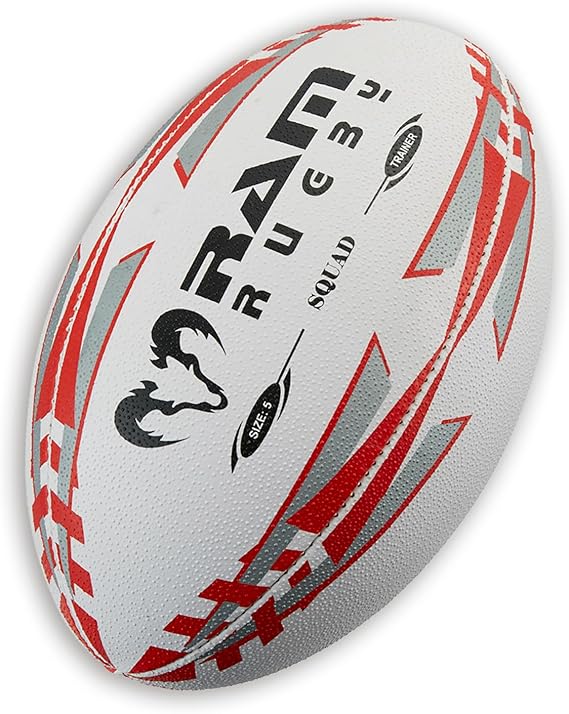 Ram Rugby Squad Trainer Rugby Ball (Size 5, 4 & 3) Club Quality Rugby Training Ball. Hand stitched, 3 ply, 3-D Grip for ultimate Passing & Catching Control – Suitable for Adults, Kids & Children