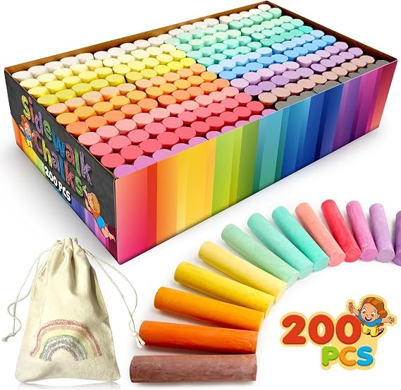 Sidewalk Chalks Set: 200Pcs in 20 Color Jumbo Washable Chalk for Kids