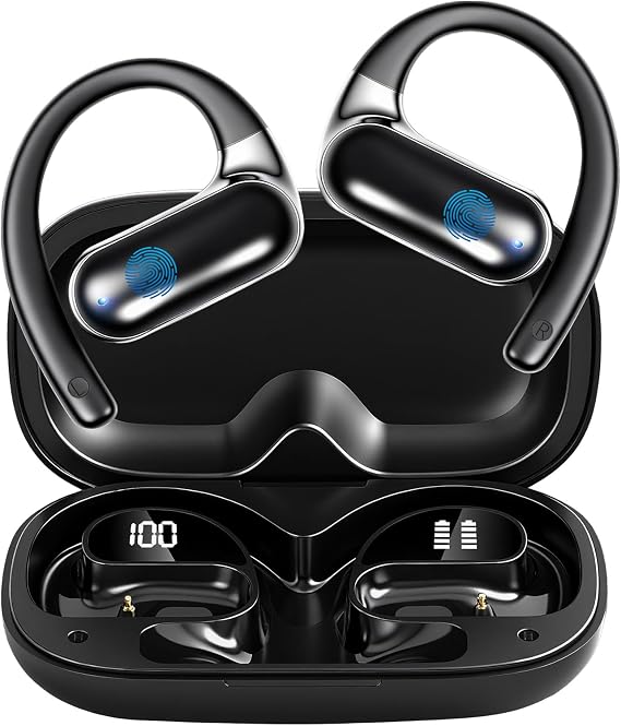 Open Ear Headphones,True Wireless Bluetooth Earphones with Microphone,Earhook Earbuds with 60 Hours,Fast Charging,IP54 Water-Resistant,Bluetooth 5.4, Black-A27