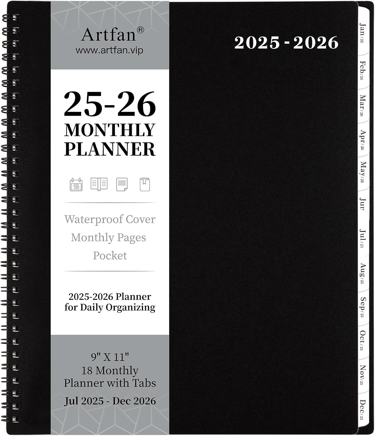 Monthly Planner 2025-2026 - JUL 2025 - DEC 2026, 18 Monthly Planner, Monthly Clanner with Tabs & Pocket, 9 x 11, Academic Planner 2025-2026 with Flexible Cover, Thick Paper - Black