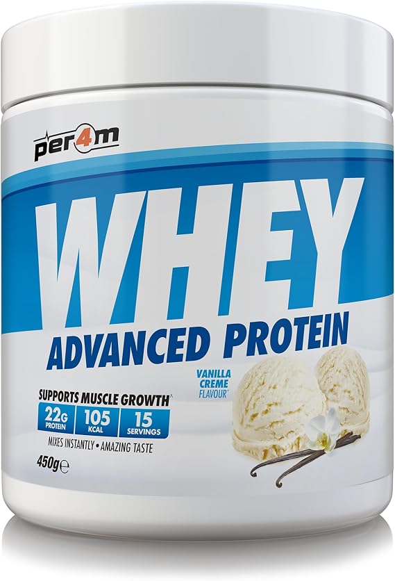 Per4m Whey Protein Powder | High Protein Shake for Muscle Growth & Recovery | Low Sugar Gym Supplement | Sports Nutrition Drink + Amino Acids (450g, Vanilla Creme)