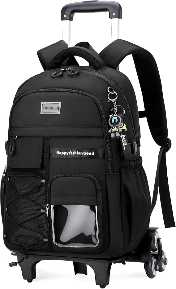 MITOWERMI Rolling Backpack with Wheels for Girls Boys, 6-wheel Black, 6-Wheel, Daypack Backpacks