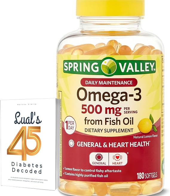 Spring Valley Omega-3 500 mg, 180 Count, from Fish Oil, Omega 3 Dietary Supplements Bundle with Lual's 45 Diabetes Decoded