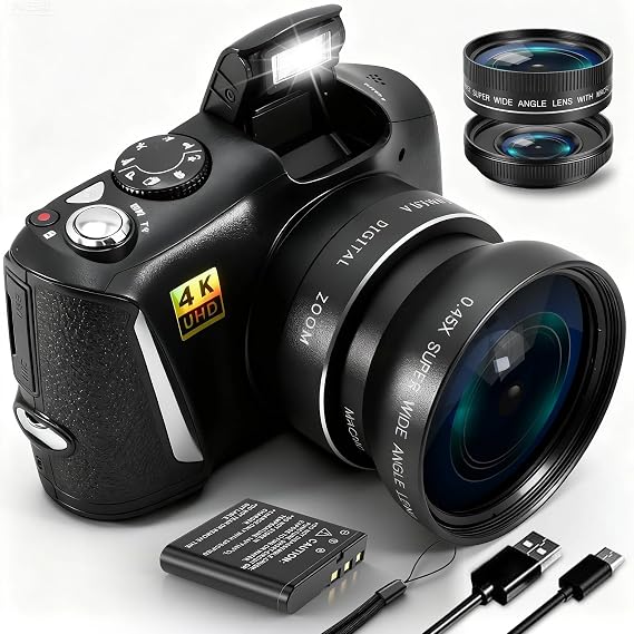 4K Digital Camera with Macro & Wide Angle Lens 48MP Vlogging Camera