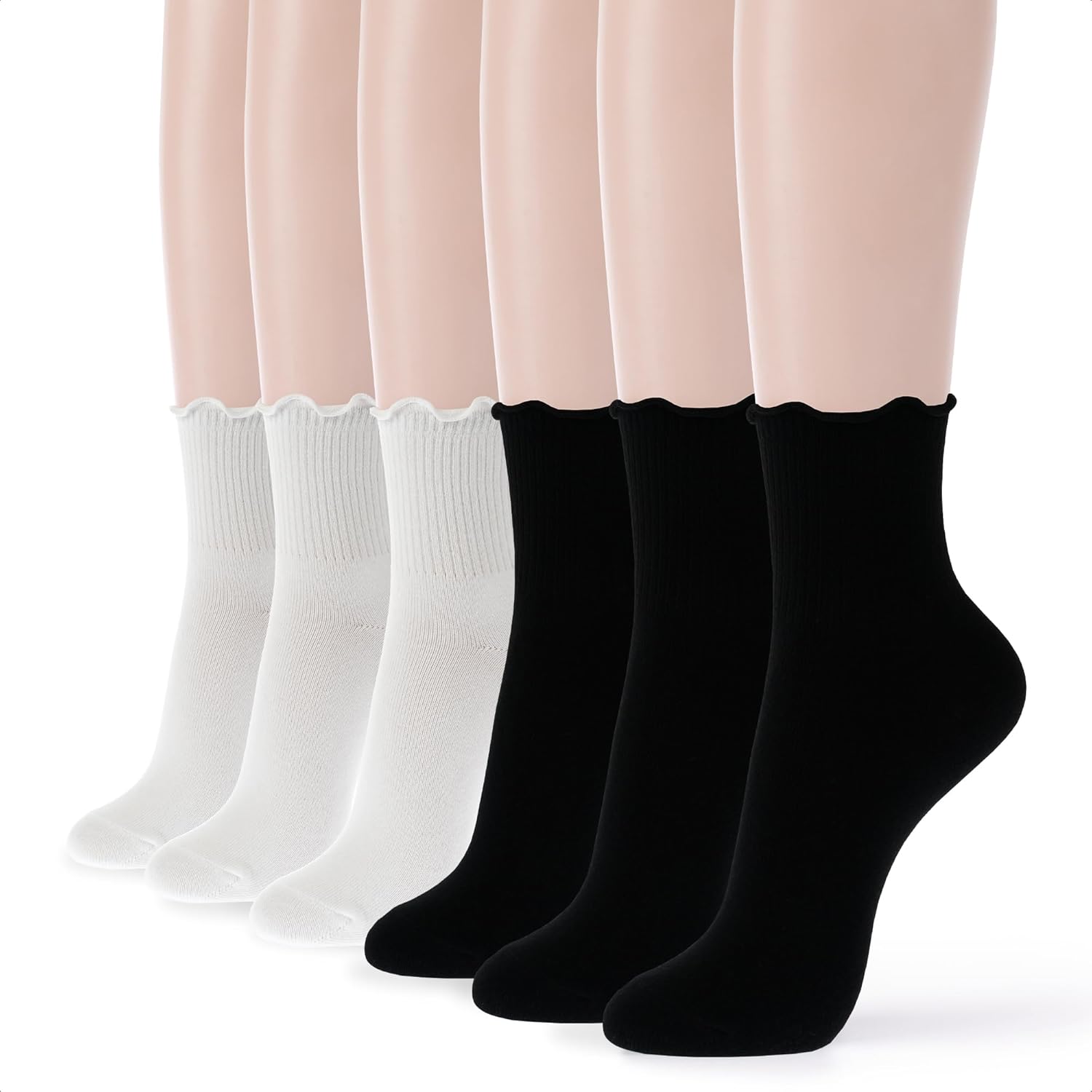 Kikiya Womens Mid-Calf Ruffle Crew Socks - 46 Pair Soft Cotton Colorful Casual Dress Socks - Boot Trouser Uniform Size 6-8