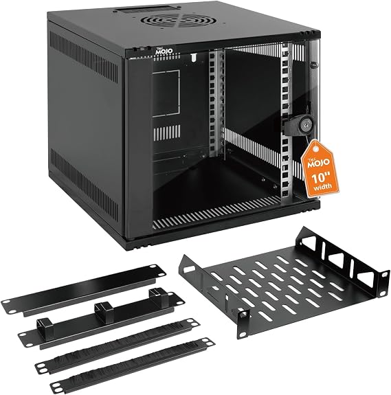 Tecmojo 6U 330mm Depth 10in Wide Wall Mount Data Cabinet, Network Cabinet with Rack Shelf, Brush Panels, Cable Organizer for 10'' AV/IT/Data NAS Devices, 50kg Capacity, Glass Door