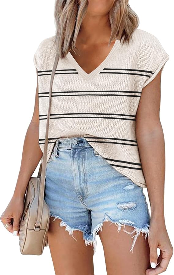 SAUKOLE Women's Sweater Vest Casual V Neck Cap Sleeve Knit Pullover Tops