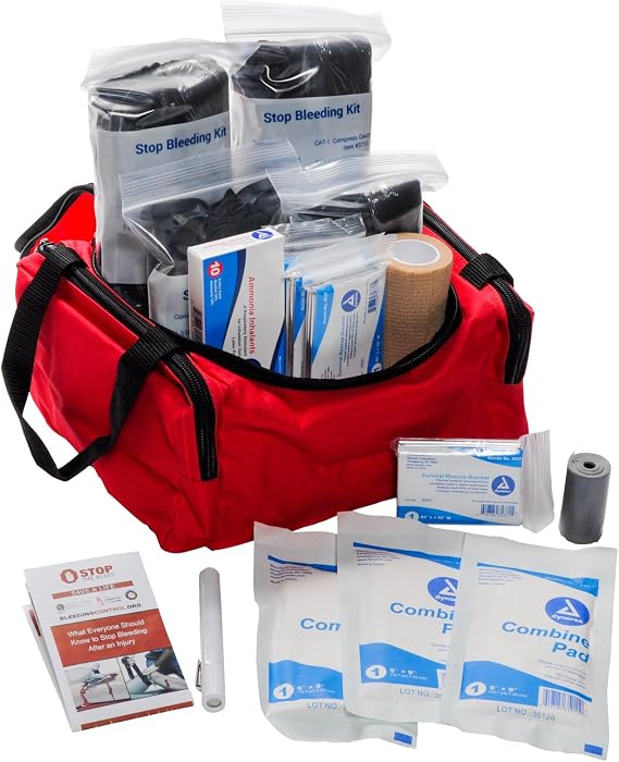 MFASCO Stop The Bleed Trauma Kit 4 Pack - Red Bag with STAT Tourniquet - Fully Stocked First Responder, EMT, Military First Aid Trauma Bags - Emergency Medical Kit for Trauma