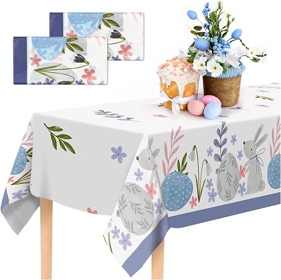 Confettiville Easter Tablecloth, 2-Pack Disposable Easter Table Cloths, Easter Bunny and Eggs Table Covers, 54 x 108 Inches, Easter Party Decorations