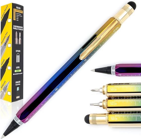 Monteverde USA 9-in-1 Tool Liquid Ink Rollerball Pen in Rainbow PVD-Coated Multifunctional Pen with Stylus, Screwdrivers, Level, and Ruler Exclusive Collection, Great Gift for Men