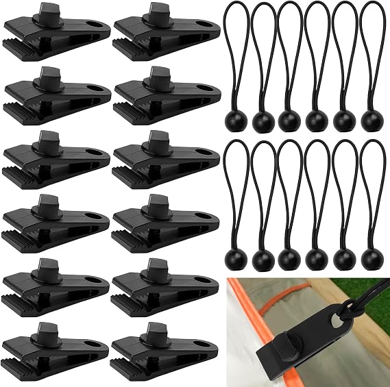12 Pcs Heavy Duty Tarp Clips Set with Bungee Cords, Outdoor Grip Tent Clips Fastener Awning Clamps for Camping Tents Cover Caravan
