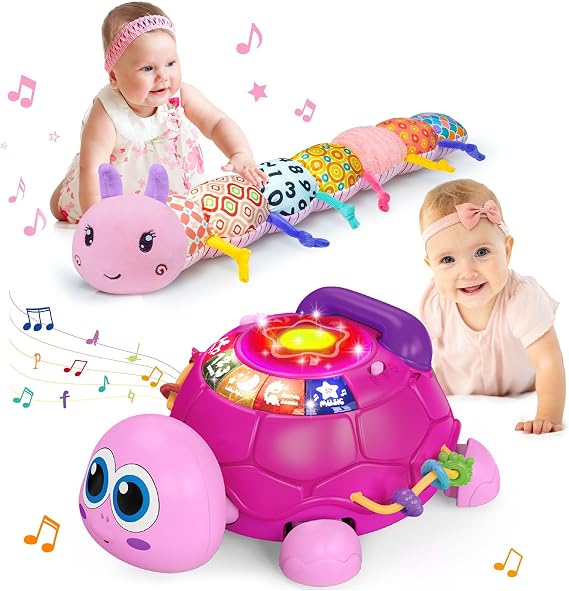 Ussybaby Baby Infant Musical Toy Set for 0-6-12-18 Months (1 * Musical Turtle Crawling Toy & 1 * Baby Musical Plush CaterpillarToys)