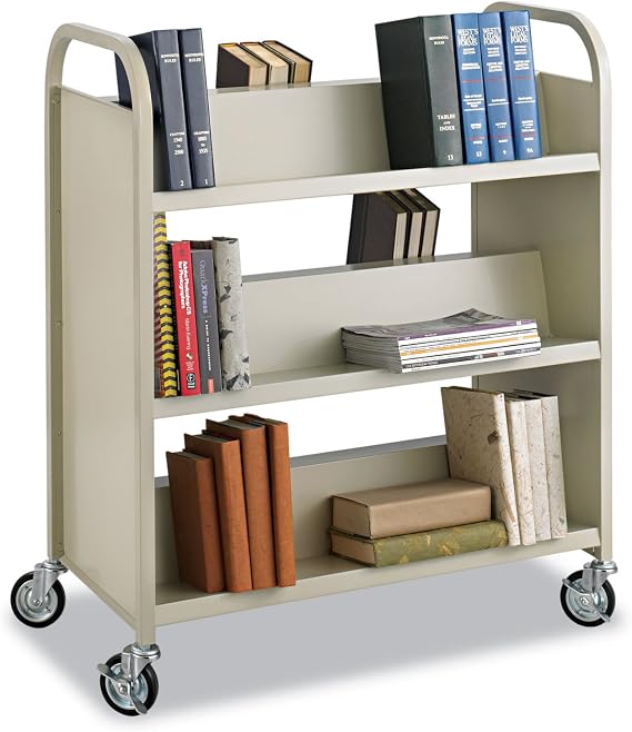 Safco 6 Shelf Rolling Book Cart, Slanted and Double Sided for Library, Classroom, Office, Heavy Duty Steel, Sand