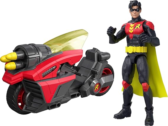 Mattel DC Premier Robin Robin Cycle aksiyon figürü DC süper kahraman ve Batlink motosikletiyle birlikte, özel dekorasyonlar ve oyuncak mermi fırlatma, JMD51