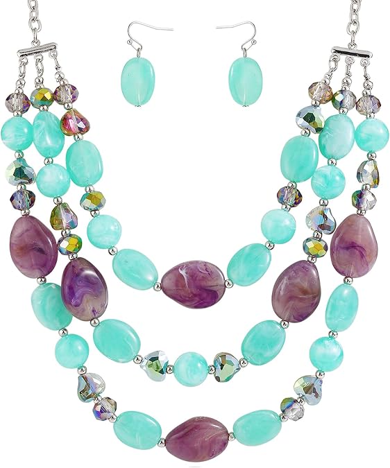 Firstmeet Layered Glass Necklace Chunky Acrylic Beads CCB Multi Strand Collar for Women