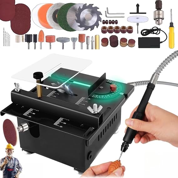 Mini Multi-functional Table Saw,100W Mini Table Saw,Portable Table Saw Cutter with Adjustable Speed & Angle,16MM Cutting Depth for Crafts, Sanding, Engraving Drilling (Liftable-0.1-16mm)