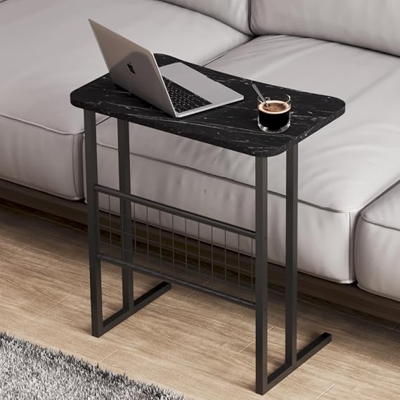 interGO Metal Ayaklı Laptop Sehpası Koltuk Sehpası Kahvaltı Masası Çalışma Sehpası - Siyah Mermer Desenli