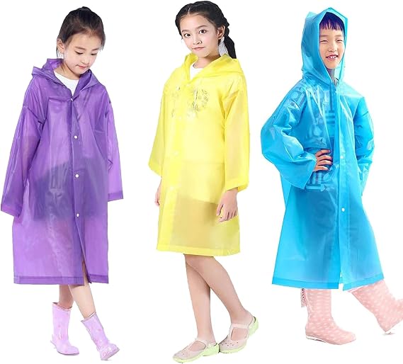 Kids Rain Ponchos, 3 Packs Portable Reusable Emergency Raincoats for Camping Hiking Traveling